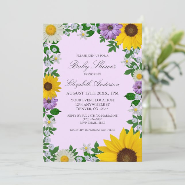 Rustic Sunflower Daisy Floral Baby Shower Invitation (Standing Front)