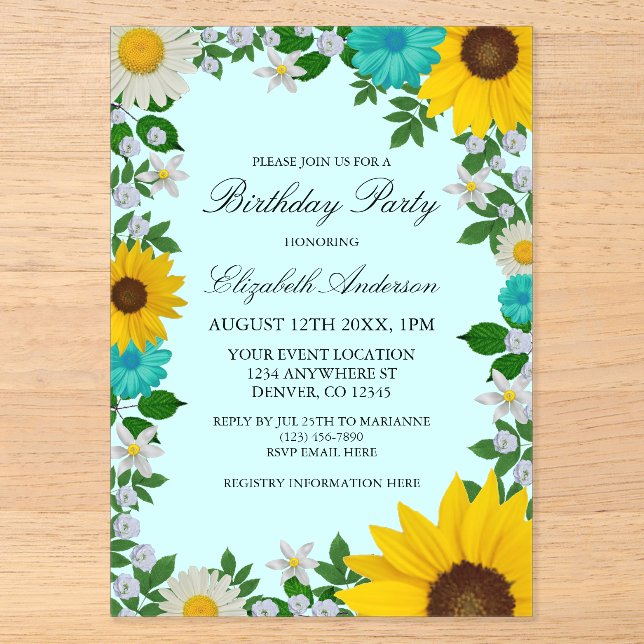 Rustic Sunflower Daisy Floral Birthday Acrylic Invitations (Front)
