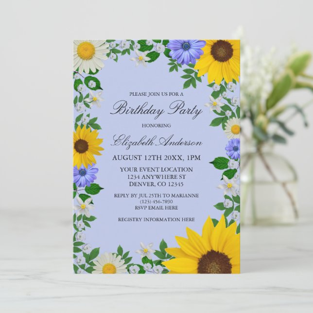 Rustic Sunflower Daisy Floral Birthday Invitation (Standing Front)