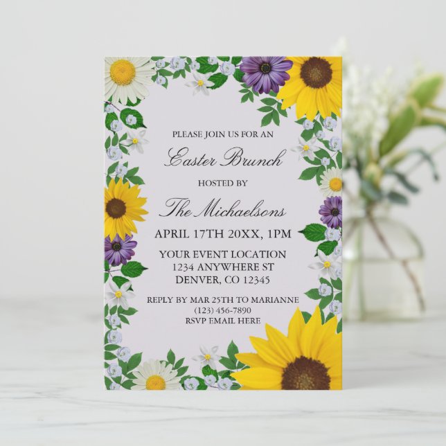 Rustic Sunflower Daisy Floral Easter Invitation (Standing Front)