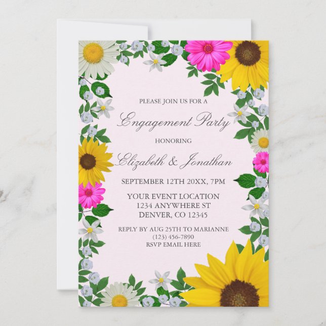Rustic Sunflower Daisy Floral Engagement Party Invitation (Front)