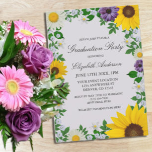 Rustic Sunflower Daisy Floral Graduation Invitation