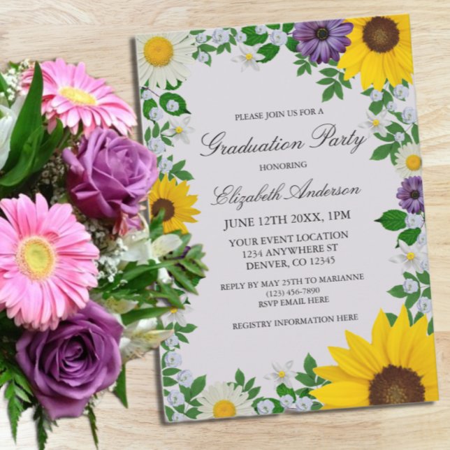 Rustic Sunflower Daisy Floral Graduation Invitation (Creator Uploaded)