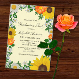 Rustic Sunflower Daisy Floral Graduation Invitation