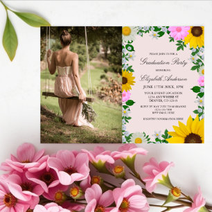 Rustic Sunflower Daisy Floral Graduation Party Invitation