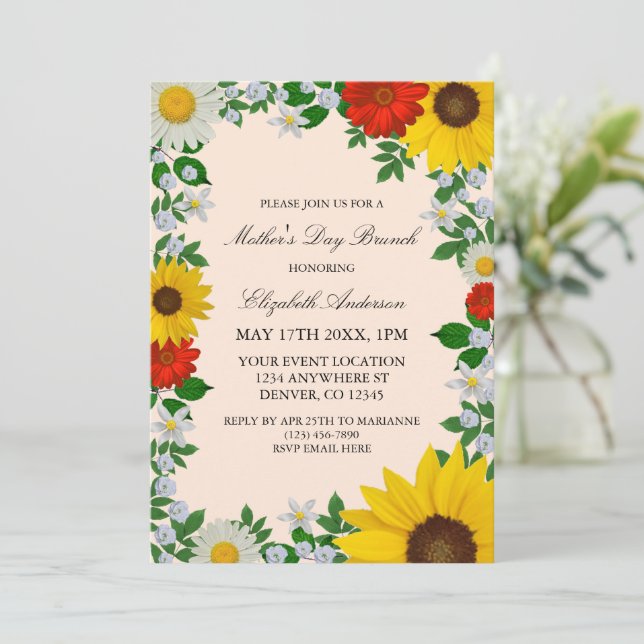 Rustic Sunflower Daisy Floral Mother's Day Invitation (Standing Front)