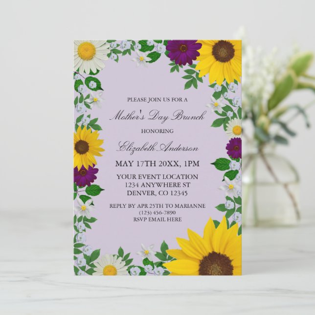 Rustic Sunflower Daisy Floral Mother's Day Invitation (Standing Front)