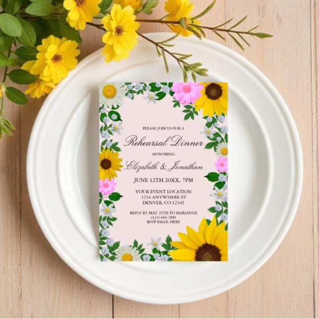 Rustic Sunflower Daisy Floral Rehearsal Dinner Invitation (Creator Uploaded)