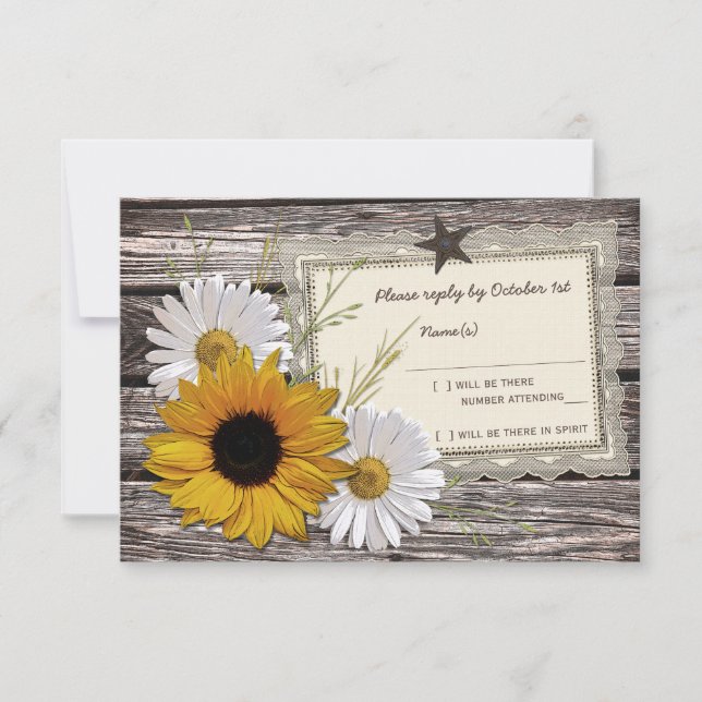 Rustic Sunflower Daisy Lace Wedding Reply Card (Front)