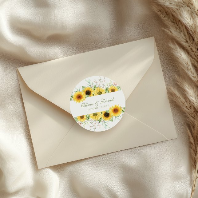 Rustic Sunflower Delight Wedding Classic Round Sticker (Rustic Sunflower Delight Wedding Classic Round Sticker on a wedding envelope.)