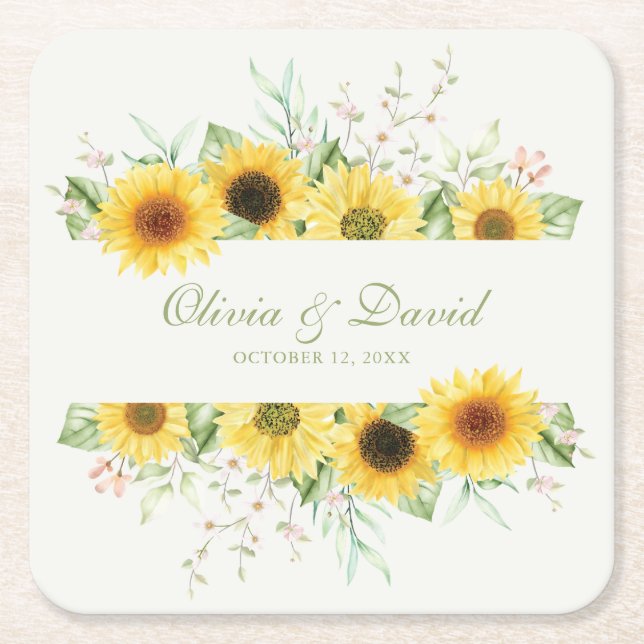 Rustic Sunflower Delight Wedding Square Paper Coaster (Front)