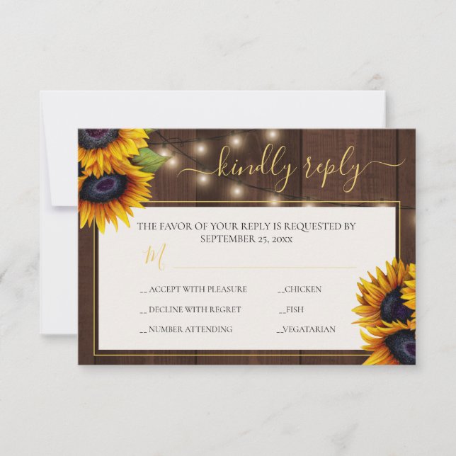 Rustic sunflower elegant gold script wood wedding  RSVP card (Front)