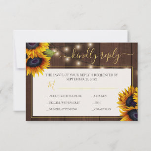 Rustic sunflower elegant gold script wood wedding  RSVP card