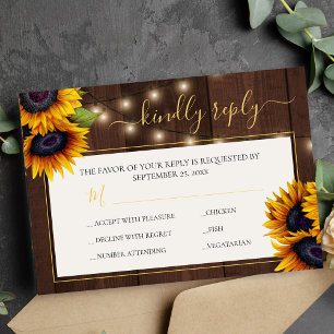 Rustic sunflower elegant gold script wood wedding  RSVP card