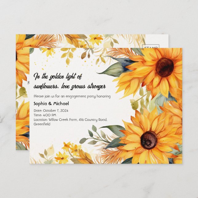 Rustic Sunflower Engagement Party  Invitation Postcard (Front/Back)