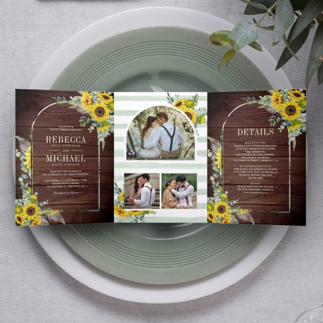 Rustic Sunflower Eucalyptus Arch Barn Wood Wedding Tri-Fold Invitation (Creator Uploaded)
