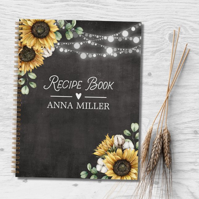 Rustic Sunflower Eucalyptus Black Recipe Cookbook Notebook (In situ)