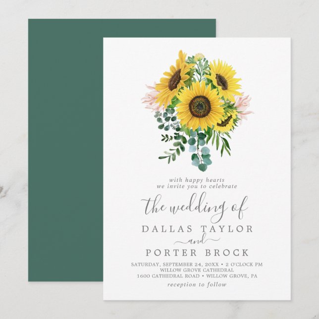 Rustic Sunflower Eucalyptus Bouquet Wedding Invitation (Front/Back)