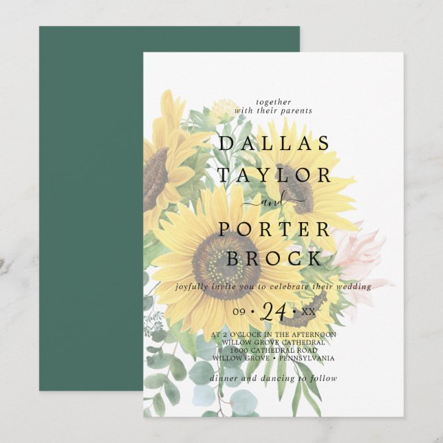 Rustic Sunflower Eucalyptus Faded Wedding Invitation (Front/Back)