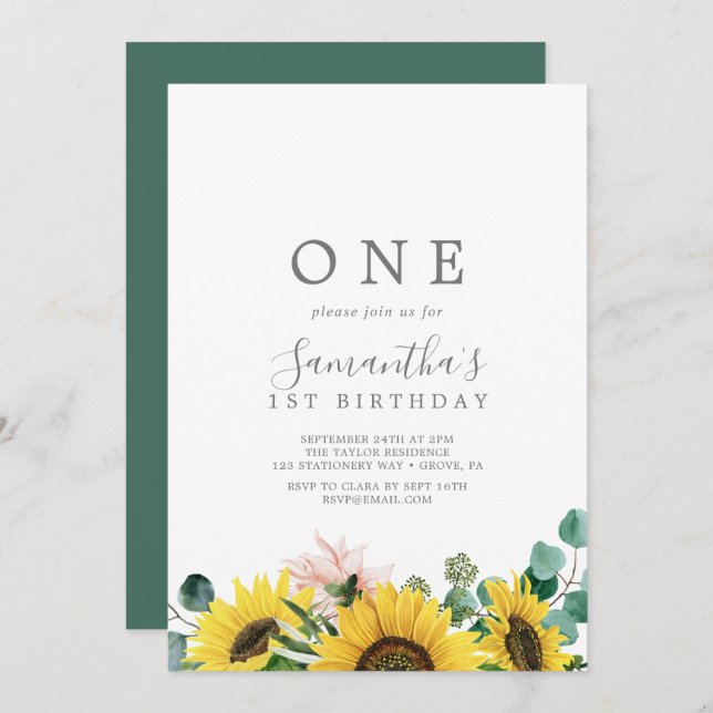 Rustic Sunflower Eucalyptus First Birthday Party Invitation (Front/Back)