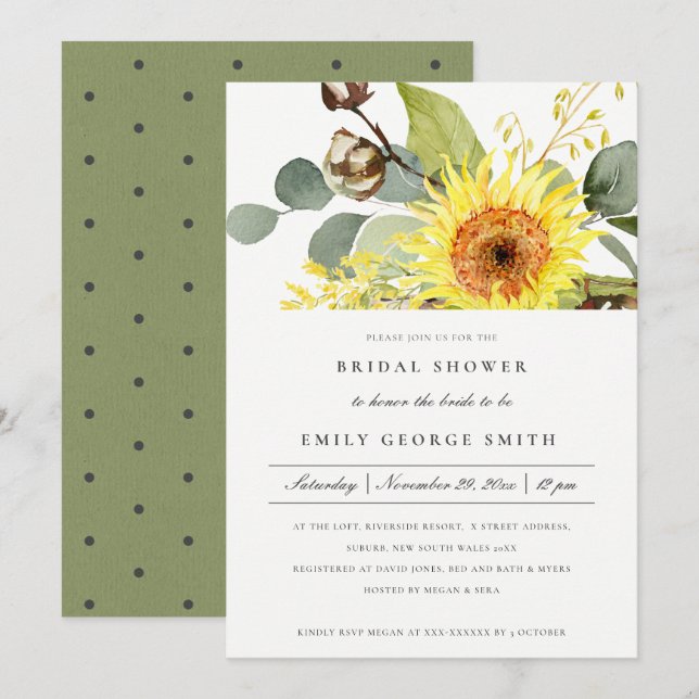 RUSTIC SUNFLOWER EUCALYPTUS FLORAL BRIDAL SHOWER INVITATION (Front/Back)