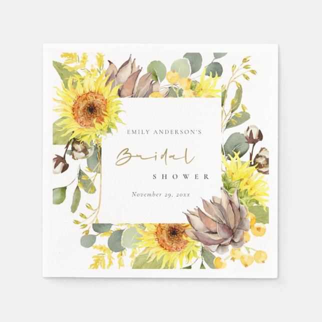 RUSTIC SUNFLOWER EUCALYPTUS FLORAL BRIDAL SHOWER NAPKIN (Front)