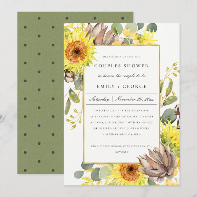 RUSTIC SUNFLOWER EUCALYPTUS FLORAL COUPLES SHOWER INVITATION (Front/Back)