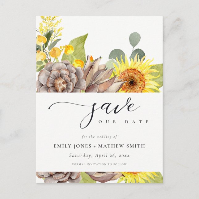 RUSTIC SUNFLOWER EUCALYPTUS FLORAL SAVE THE DATE ANNOUNCEMENT POSTCARD (Front)