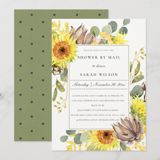 RUSTIC SUNFLOWER EUCALYPTUS FLORAL SHOWER BY MAIL INVITATION (Front/Back)