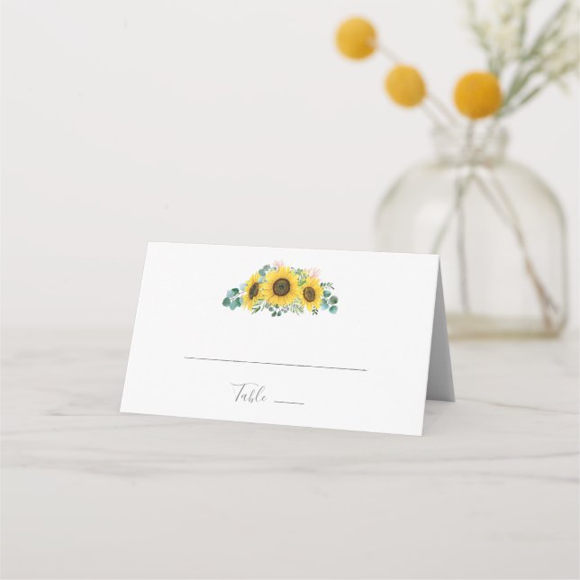 Rustic Sunflower Eucalyptus Folded Wedding Place Card (Front)