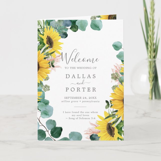 Rustic Sunflower Eucalyptus Folded Wedding Programme (Front)