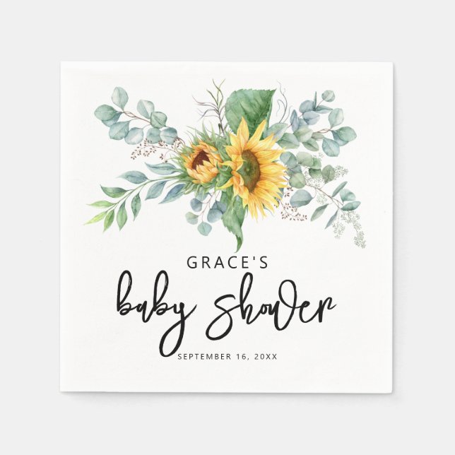 Rustic Sunflower Eucalyptus Greenery Baby Shower Napkin (Front)
