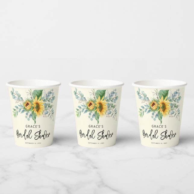 Rustic Sunflower Eucalyptus Greenery Bridal Shower Paper Cups (Multi)