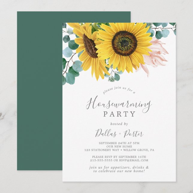 Rustic Sunflower Eucalyptus Housewarming Party Invitation (Front/Back)