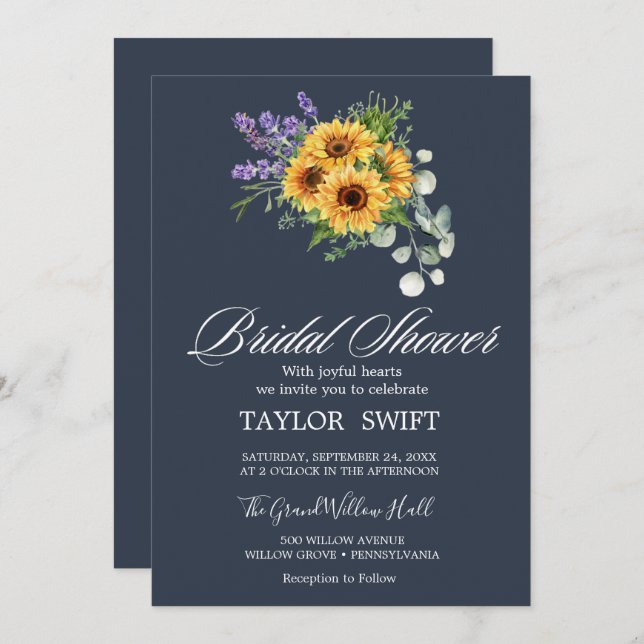 Rustic Sunflower & Eucalyptus | Navy Bridal Shower Invitation (Front/Back)