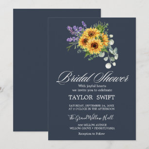 Rustic Sunflower & Eucalyptus   Navy Bridal Shower Invitation