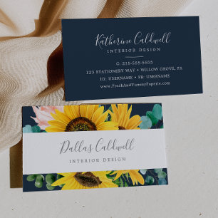 Rustic Sunflower Eucalyptus Navy Business Card