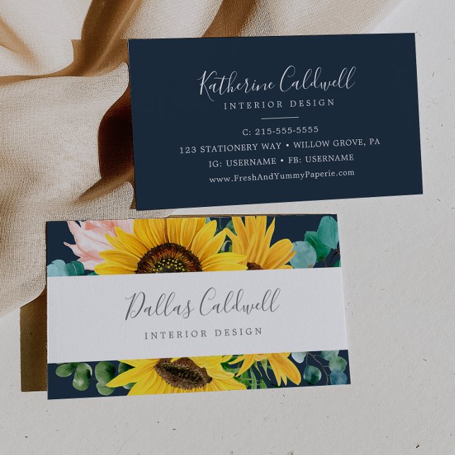 Rustic Sunflower Eucalyptus | Navy Business Card (Creator Uploaded)