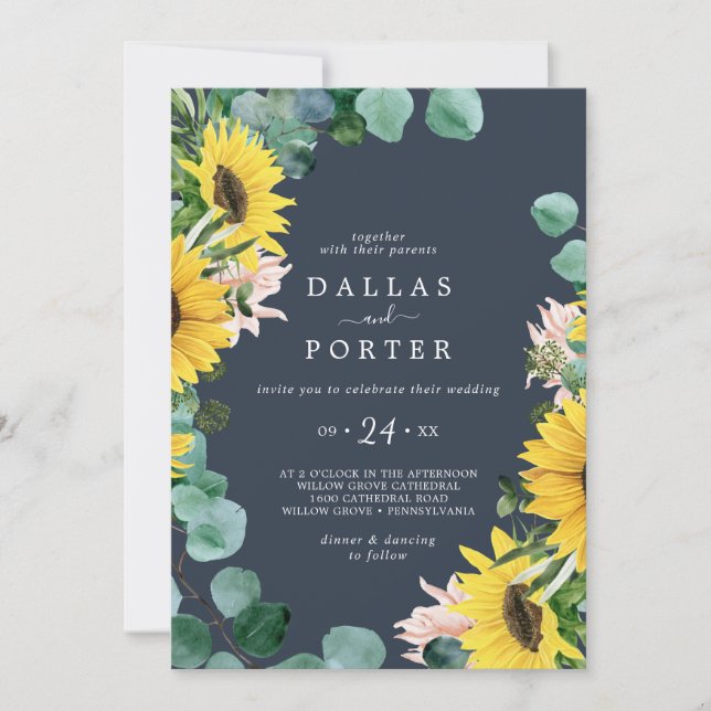 Rustic Sunflower Eucalyptus | Navy Casual Wedding Invitation (Front)