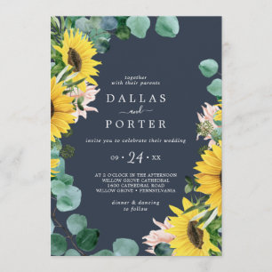 Rustic Sunflower Eucalyptus   Navy Casual Wedding Invitation