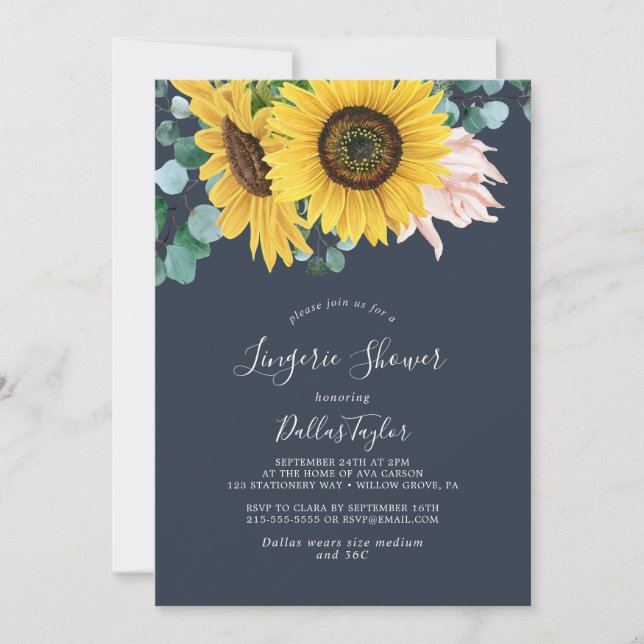 Rustic Sunflower Eucalyptus | Navy Lingerie Shower Invitation (Front)