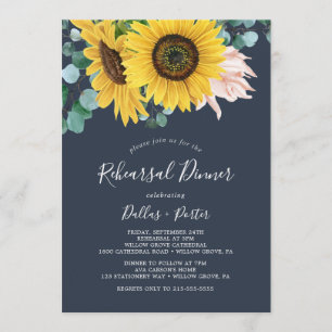 Rustic Sunflower Eucalyptus Navy Rehearsal Dinner Invitation