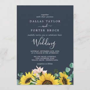 Rustic Sunflower Eucalyptus   Navy Wedding Invitation