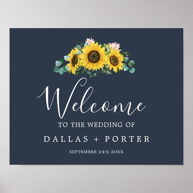 Rustic Sunflower Eucalyptus | Navy Wedding Welcome Poster (Front)