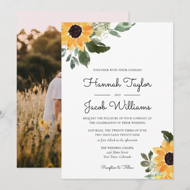 Rustic Sunflower Eucalyptus Photo Invitation (Front/Back)