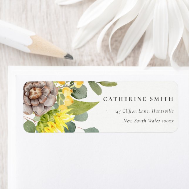 RUSTIC SUNFLOWER EUCALYPTUS PINE FLORAL ADDRESS (Insitu)