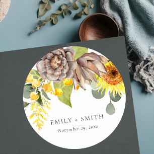 RUSTIC SUNFLOWER EUCALYPTUS PINE FLORAL WEDDING CLASSIC ROUND STICKER