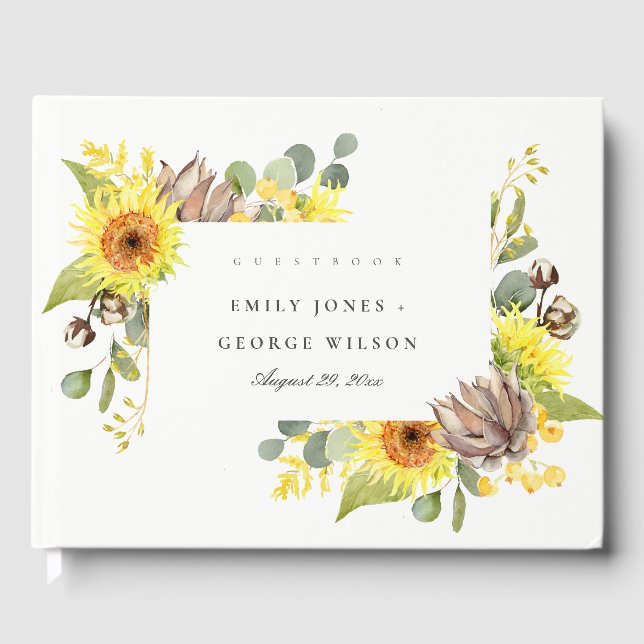 RUSTIC SUNFLOWER EUCALYPTUS  PINE FLORAL WEDDING GUEST BOOK (Front)