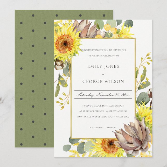 RUSTIC SUNFLOWER EUCALYPTUS PINE FLORAL WEDDING INVITATION (Front/Back)