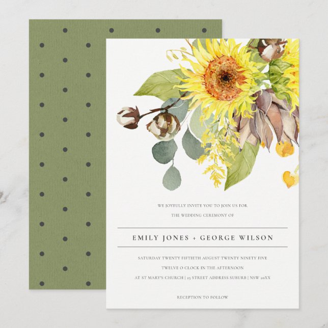 RUSTIC SUNFLOWER EUCALYPTUS PINE FLORAL WEDDING INVITATION (Front/Back)